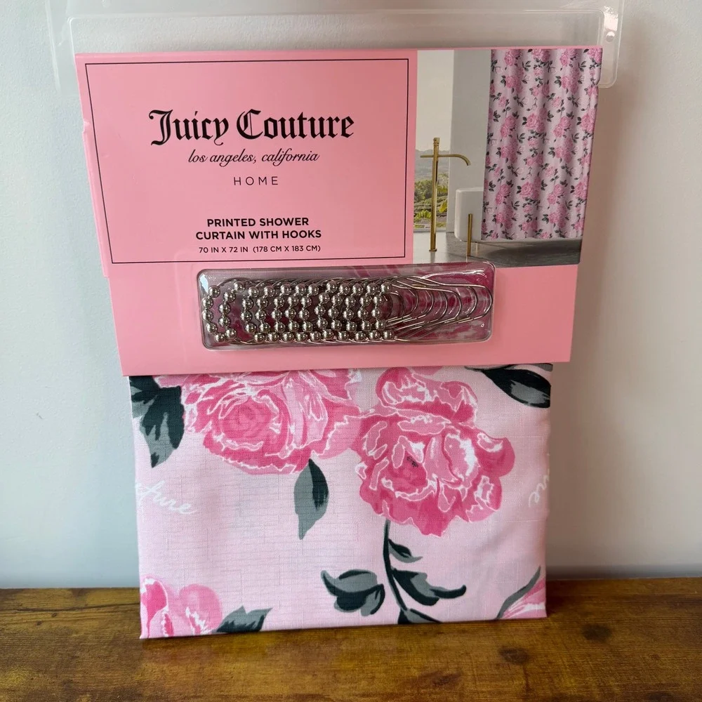 New Juicy Couture 70x72 Fabric Shower Curtain Hooks Pink Floral Flowers Roses